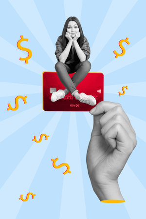 Creative trend collage of hand holding credit card sad young depressed girl spend waste all money credit loan bankruptcy drawing backgroundの写真素材