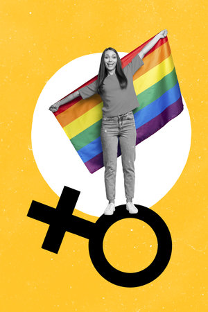 Collage photo of young attractive pretty woman student hold big lgbt rainbow flag activist rights isolated on yellow color backgroundの写真素材