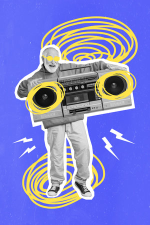 Creative trend collage of feeling young retired man sunglass holding retro tape recorder party disco dj isolated doodle drawing backgroundの写真素材