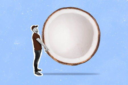Collage photo of young funny excited delivery guy hold big unreal fantastic half coconut shock fast courier isolated on blue color backgroundの写真素材