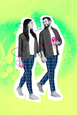 Vertical collage image of two positive peaceful people black white gamma hold arms walk communicate...