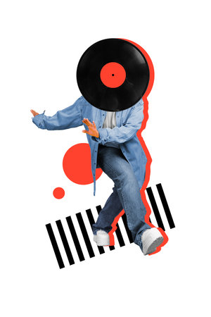 Vertical collage illustration of carefree person dancing vinyl record instead head isolated on drawing backgroundの写真素材