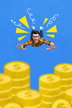 Collage photo of young attractive carefree funny man fly air positive businessman much money...