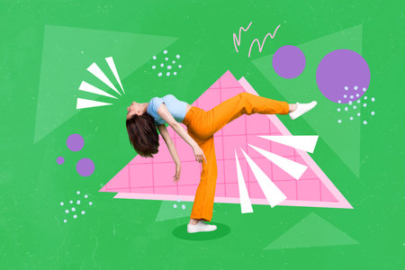 Composite collage portrait of positive girl rejoice enjoy dancing partying isolated on drawing...