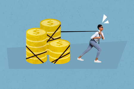 Retro abstract creative artwork template collage of strong determined businesswoman manager worker pulling big golden coins increase incomeの写真素材
