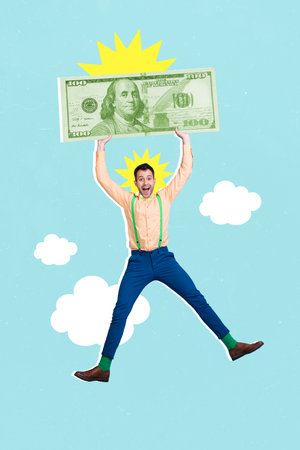 Vertical creative collage image of positive young man hold hang big hundred bucks dollars banknote flying happy successful investor incomeの写真素材