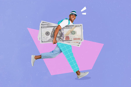 Creative trend collage of running fast young man carry big dollars banknotes shopping black friday deposit savings bank client investorの写真素材