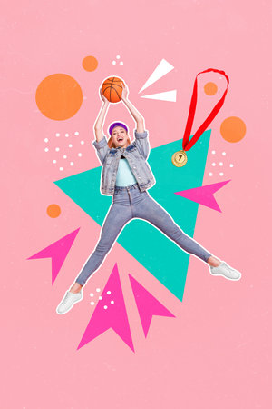 Vertical collage image of overjoyed happy girl jump arms hold basketball first place golden medal isolated on painted backgroundの写真素材