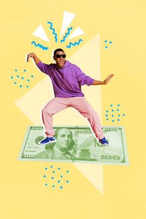 Collage photo of young excited funny guy dancing money carpet successful businessman rich isolated on painted yellow color backgroundの写真素材