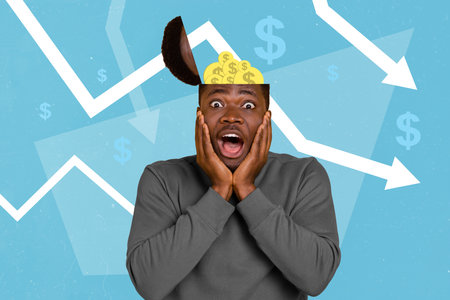 Creative 3d photo artwork graphics painting of impressed shocked man open brain coins inside isolated drawing backgroundの写真素材