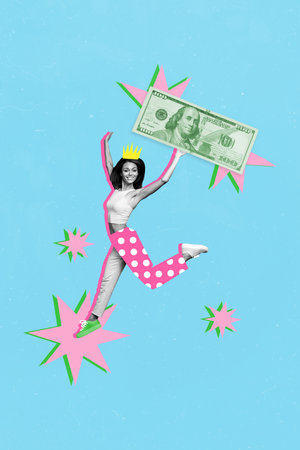 Collage photo of young attractive pretty sporty woman painted abstract pants jump gymnastics wear corona hold money isolated on painted backgroundの写真素材