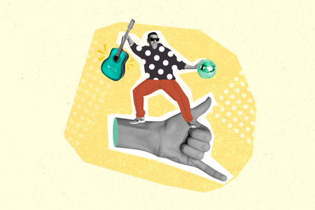 Exclusive painting magazine sketch image of funky funny guy player standing big arm showing call me...