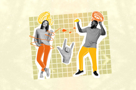 3d retro abstract creative artwork template collage of happy smiling guy lady having fun together...