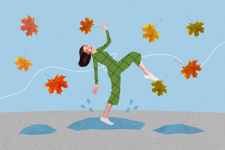 Creative template collage of lady have free time outside recreation go puddles isolated on painted backgroundの写真素材