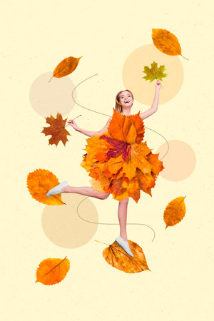 Magazine banner collage of pretty lady buying season boutique discount modern dress hold golden autumn leavesの写真素材
