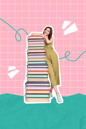 Banner advert collage of lady high school learner advertise bookshop variety materials isolated painted plaid backgroundの写真素材