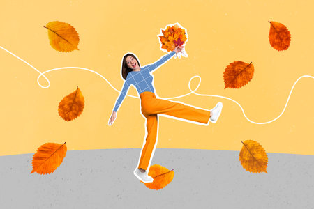 Creative abstract template collage of funny funky excited woman holding bunch orange golden autumn leaves have fun enjoy season walkingの写真素材