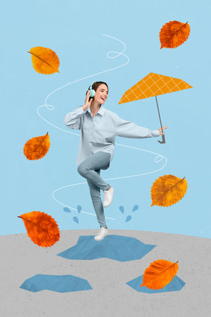 Collage 3d image of pinup pop retro sketch of funny funky young woman headphones dancing music hold umbrella jumping puddles autumn leavesの写真素材