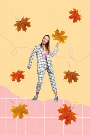 Vertical creative collage image of positive trendy young woman suit walking park collect hold maple orange leaf enjoy autumn relax weekendの写真素材