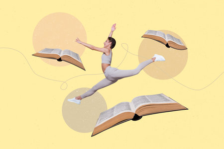 Composite collage picture image of active excited gymnast young woman jumping books get knowledge diligent learner library textbooksの写真素材