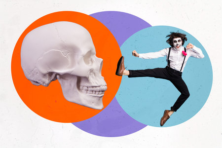 Composite collage of excited crazy guy jumping leg kick huge skull isolated on painted creative...