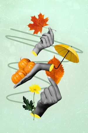 Vertical collage illustration of human hands black white gamma hold autumn maple leaf pumpkin flower umbrella isolated on painted backgroundの写真素材