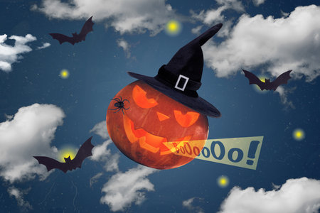 Creative collage picture of halloween pumpkin witch headwear boooooo scary sound spider flying bats night clouds skyの写真素材