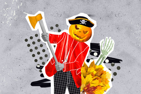 Creative abstract template collage of creepy captain pirate hold sharp axe halloween pumpkin instead head lumberjack foliage skeleton handの写真素材