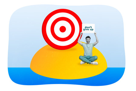 Creative collage portrait of guy black white effect sit hold paper dont give up poster big darts board isolated on painting backgroundの写真素材