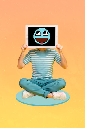 Vertical collage image of sitting person hands hold pad tablet instead head smiling emoji screen isolated on drawing backgroundの写真素材