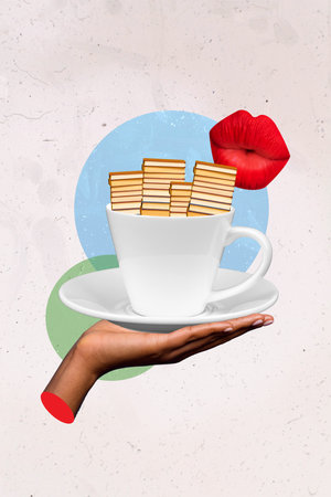 Creative drawing collage picture of red plump woman lips blowing cool down coffee cup books pile library hand hold library hot bestsellersの写真素材