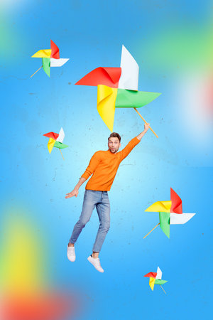 Creative poster collage of active funny funky man hanging spinning paper windmill flying impressed childish have fun summer vacation promoの写真素材