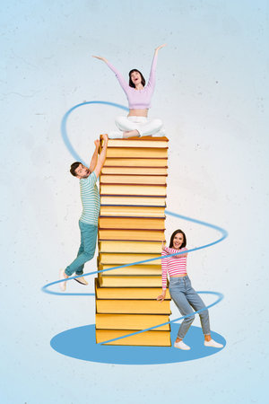 Vertical collage picture of three people push climb sit big pile stack book isolated on painted backgroundの写真素材