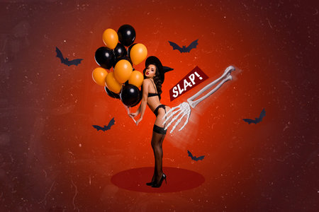 Creative abstract template collage of sexy figure hot witch woman hat underwear hold balloons shopping promo skeleton hand slap bootyの写真素材