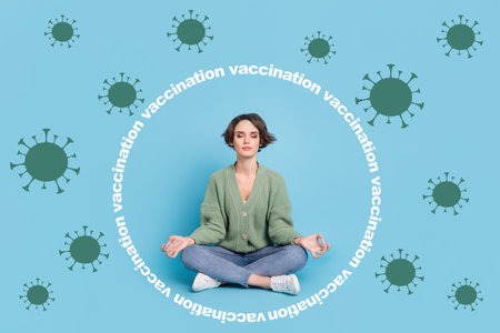Composite collage picture of peaceful girl sit closed eyes meditate vaccination text protect painted bacteria isolated on drawing backgroundの写真素材