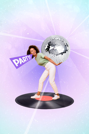 Creative trend collage of beautiful cheerful cool young woman student carry big glitter disco ball enjoy party vinyl recorder have funの写真素材