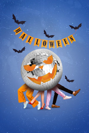 Vertical collage picture of huge disco ball people legs dancing halloween flags flying bats isolated on creative backgroundの写真素材