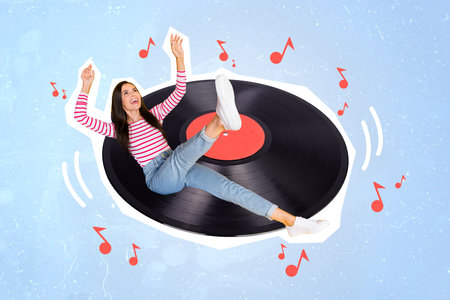 Collage picture of excited positive girl have fun good mood huge vinyl record drawing melody symbols isolated on painted backgroundの写真素材