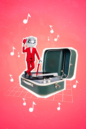 Creative abstract template collage of elegant gentleman disco ball instead head suit enjoy listen vintage vinyl record music song partyの写真素材