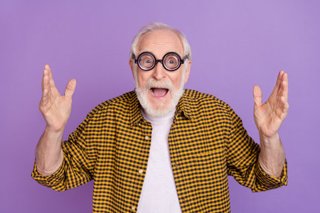 Photo portrait of handsome grandpa white hair impressed sales dressed trendy yellow plaid shirt...