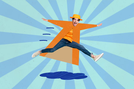 Creative trend collage of funky funny energetic man jumping over puddle rainy weather season autumn fall painting coat hat have funの写真素材