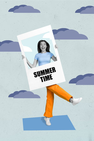 Creative drawing collage picture of funny excited woman holding instant photo frame enjoy summer time memory autumn weather rainy cloudsの写真素材