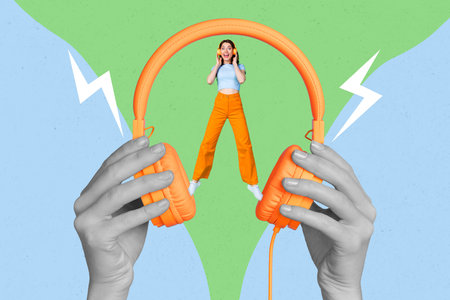 Creative poster collage of active young funny lady listen headphones hands hold earphones modern technology advertisement perfect soundingの写真素材