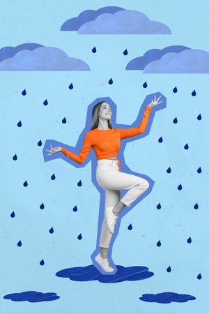 Collage 3d image of pinup pop retro sketch of funny positive smiling young woman enjoy autumn rainy weather water drops puddles walk parkの写真素材