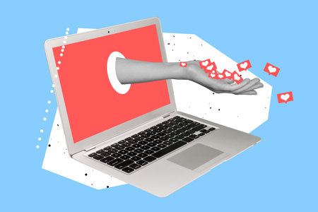 Creative abstract template collage of woman hand algorithm giving likes hearts reaction social media laptop smm strategy successful bloggerの写真素材