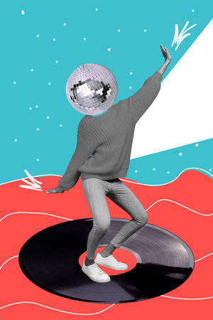 Creative poster collage of active lady disco ball instead head dancing energetic party surfing vinyl...