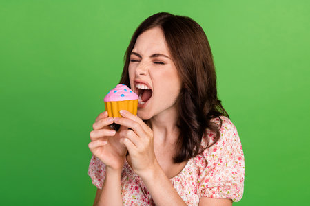 Closeup photo of young attractive funny cute hungry woman wear pink top hold muffit want eat food...