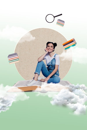 Magazine collage advert of high school lady flying on open page printed dictionary on painted image...