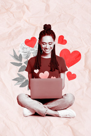 Exclusive magazine picture sketch image of smiling happy lady typing modern device getting love messages isolated painting backgroundの写真素材