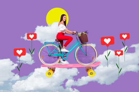 Drawing image collage poster of lady cycling up sky along like flowers network meadow in surreal worldの写真素材